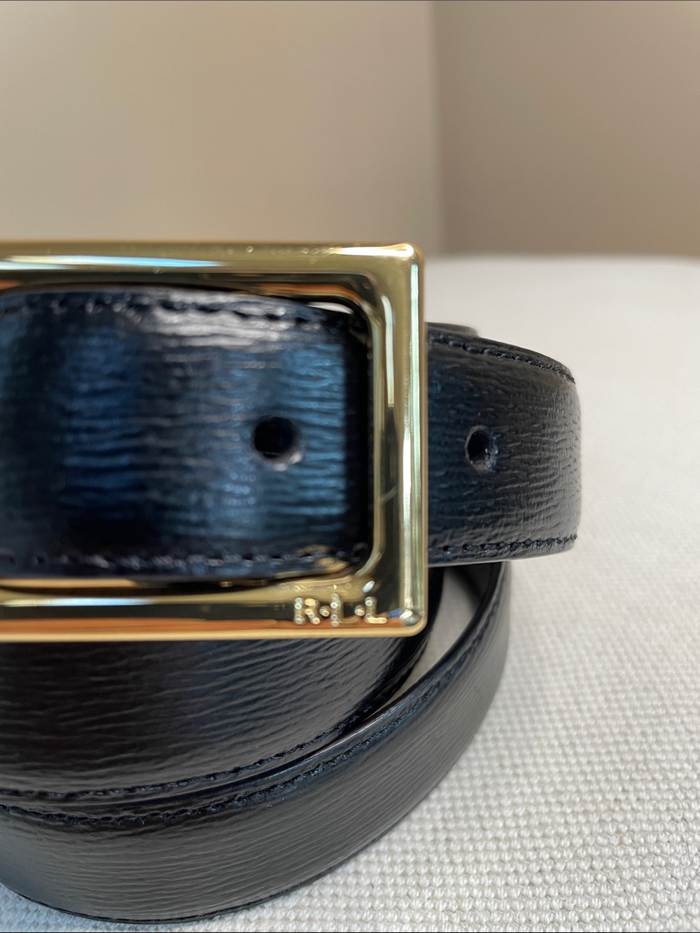 Lauren Ralph Lauren Black Leather Belt with Gold Buckle - Picture 2 of 4